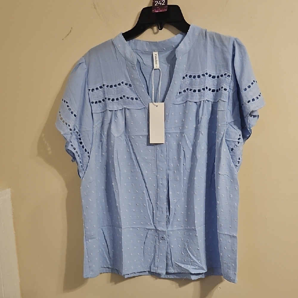 Falechay Blue Swiss Dot Lace Sleeve Blouse. NWT
